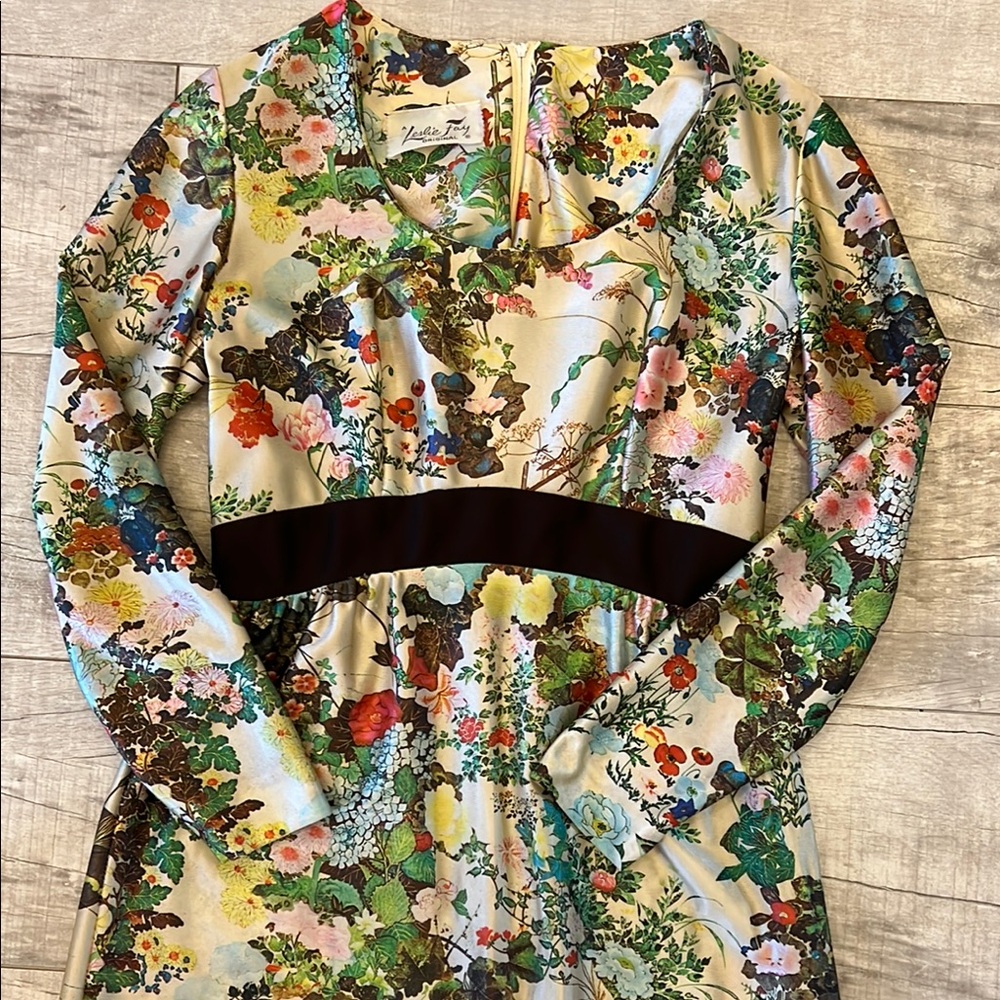 Vintage 70s Leslie Fay Floral Print Maxi Tea Dress Gown Long Sleeve Empire Waist